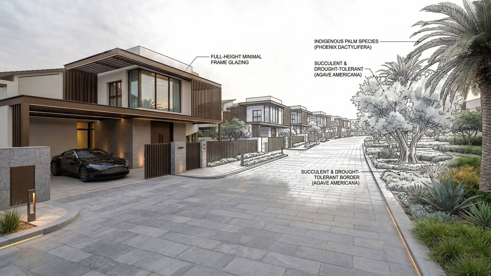 Contemporary luxury residential architecture with landscape concept drawing